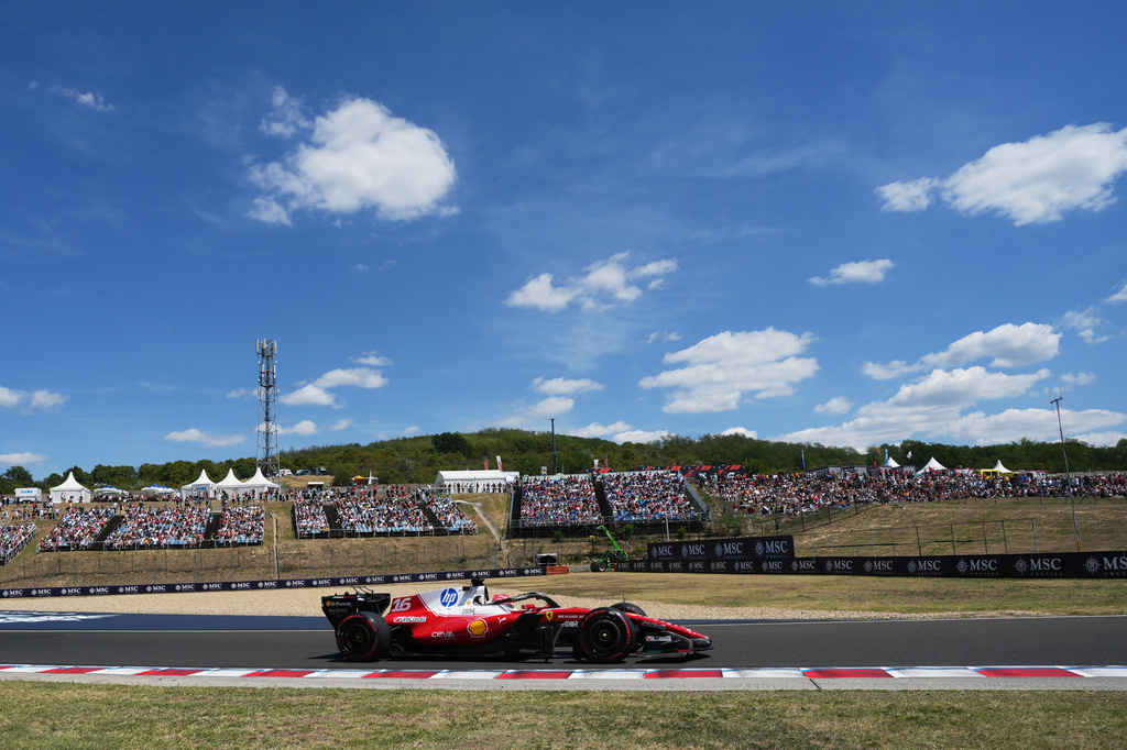 Ferrari driver Charles Leclerc of Monaco steers his car during the third free practice ahead of Sunday's Formula One Hungarian Grand Prix auto race, at the Hungaroring racetrack in Mogyorod, near Budapest, Hungary, Saturday, July 25, 2026. (AP Photo/Darko Vojinovic)