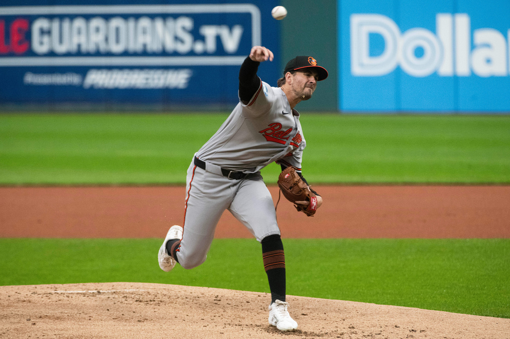 Baltimore Orioles starting pitcher Dean Kremer delivers against the Cleveland Guardians during the first inning of a baseball game, Saturday, April 18, 2026, in Cleveland. (AP Photo/Phil Long)
