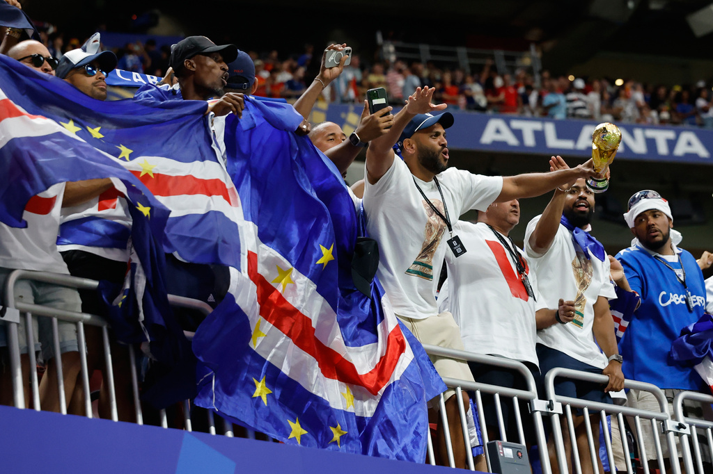 Cape Verde fans celebrate after the World Cup Group H soccer match between Spain and Cape Verde in Atlanta, Monday, June 15, 2026. (AP Photo/Erik S. Lesser)
