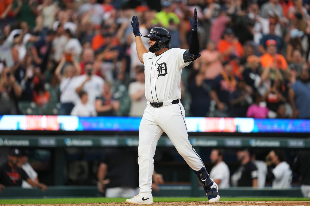 Detroit Tigers' Eduardo Valencia reacts to hitting a home run against the Athletics during the seventh inning of a baseball game Thursday, July 9, 2026, in Detroit. (AP Photo/Paul Sancya)