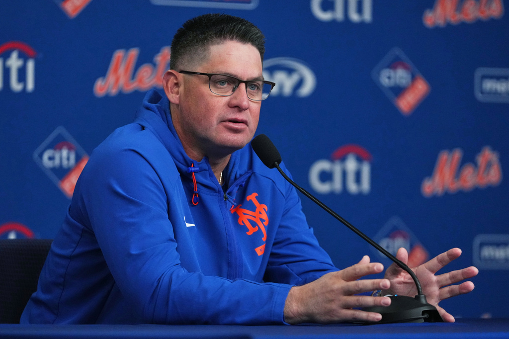 New York Mets manager Carlos Mendoza speaks during a news conference before a baseball game against the Arizona Diamondbacks Tuesday, April 7, 2026, in New York. (AP Photo/Frank Franklin II)