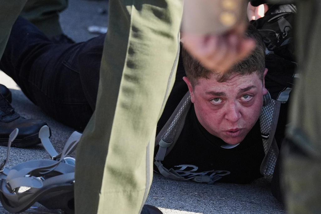 Illinois State police detain a protester outside an ICE processing facility in the Chicago suburb of Broadview, Ill., Friday, Nov. 14, 2025. (AP Photo/Nam Y. Huh)