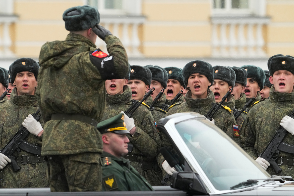 Troops attend a rehearsal for the Victory Day military parade at the Dvortsovaya (Palace) Square in St. Petersburg, Russia, Tuesday, April 28, 2026. (AP Photo/Dmitri Lovetsky)