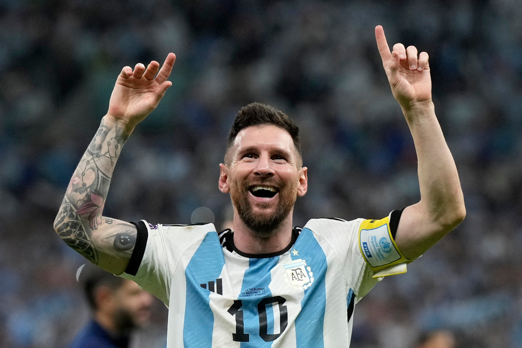 FILE - Argentina's Lionel Messi celebrates at the end of the World Cup quarterfinal soccer match against the Netherlands in Lusail, Qatar, Dec. 10, 2022. (AP Photo/Ricardo Mazalan, File)