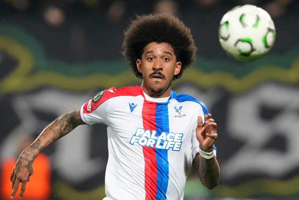 Crystal Palace's Chris Richards challenges for the ball during the Conference League round of 16 second leg soccer match between AEK Larnaca and Chrystal Palace in Larnaca, Cyprus, Thursday, March 19, 2026. (AP Photo/Petros Karadjias)