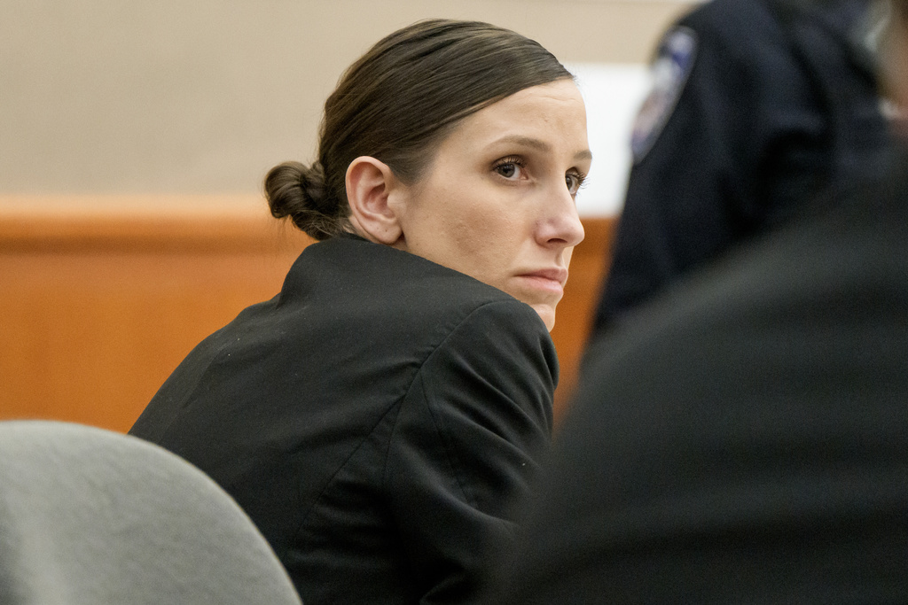 Kouri Richins looks on during her murder trial at the Summit County Courthouse in Park City, Utah, Monday, Feb. 23, 2026. (AP Photo/Spenser Heaps, Pool)