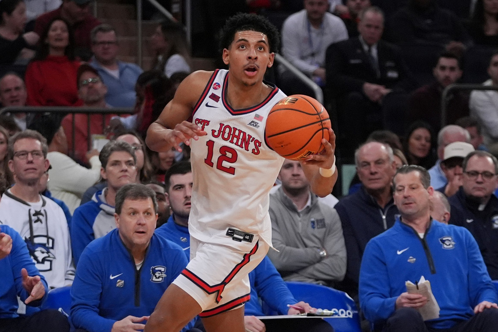 FILE - St. John's RJ Luis Jr. looks toward the basket during the first half of an NCAA college basketball game against Creighton in the championship of the Big East Conference tournament, March 15, 2025, in New York. (AP Photo/Frank Franklin II, File)