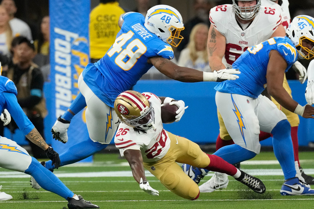 an Francisco 49ers running back Kaelon Black, bottom, runs against Los Angeles Chargers linebacker Bud Dupree (48) during the first half of a preseason NFL football game, Thursday, Aug. 20, 2026, in Inglewood, Calif. (AP Photo/Mark J. Terrill)