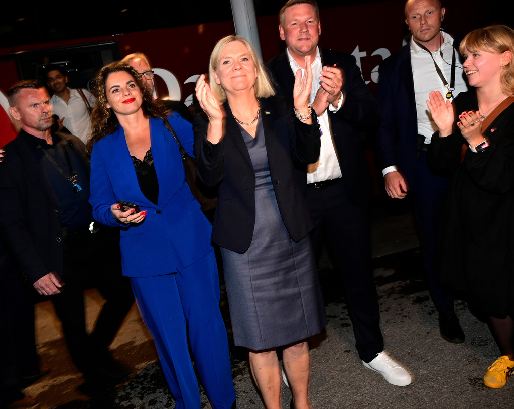 Social Democrats party leader Magdalena Andersson arrives at the party's election watch night in Stockholm, Sweden, Sunday, Sept. 13, 2026. (Jonas Ekstroemer/TT News Agency via AP)