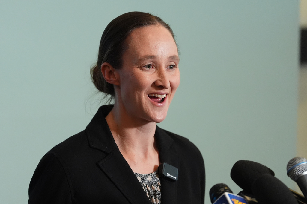 Seattle mayor-elect Katie Wilson smiles while delivering a victory speech during a news conference at the Seattle Labor Temple Thursday, Nov. 13, 2025, in Seattle. (AP Photo/Lindsey Wasson)