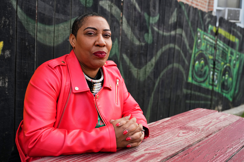 Asiaha Butler, the co-founder of the Resident Association of Greater Englewood, poses for a photo outside her office in Chicago, Monday, April 6, 2026. (AP Photo/Nam Y. Huh)
