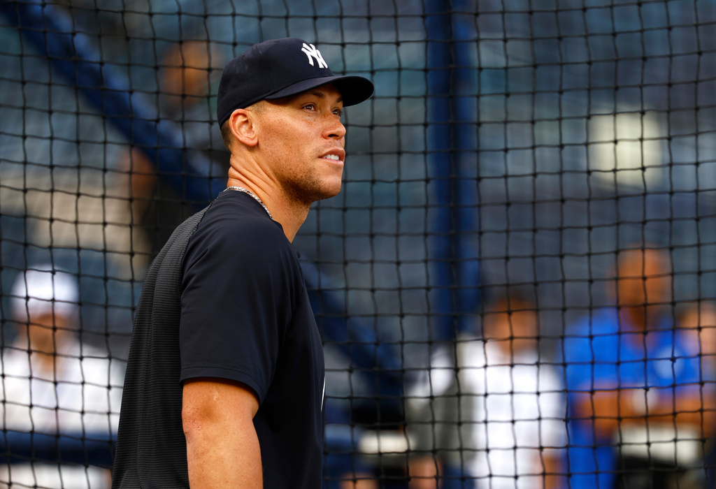 Aaron Judge practices batting before a baseball game against the Colorado Rockies, Tuesday, Sept. 8, 2026, in New York. (AP Photo/Noah K. Murray)