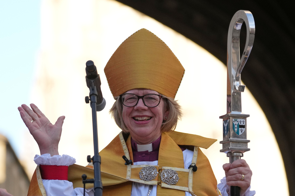 FILE - Sarah Mullally speaks to the public after the Enthronement Ceremony installing her as archbishop of Canterbury in Canterbury, England, March 25, 2026, the first woman ever to lead the Church of England. (AP Photo/Alastair Grant, File)
