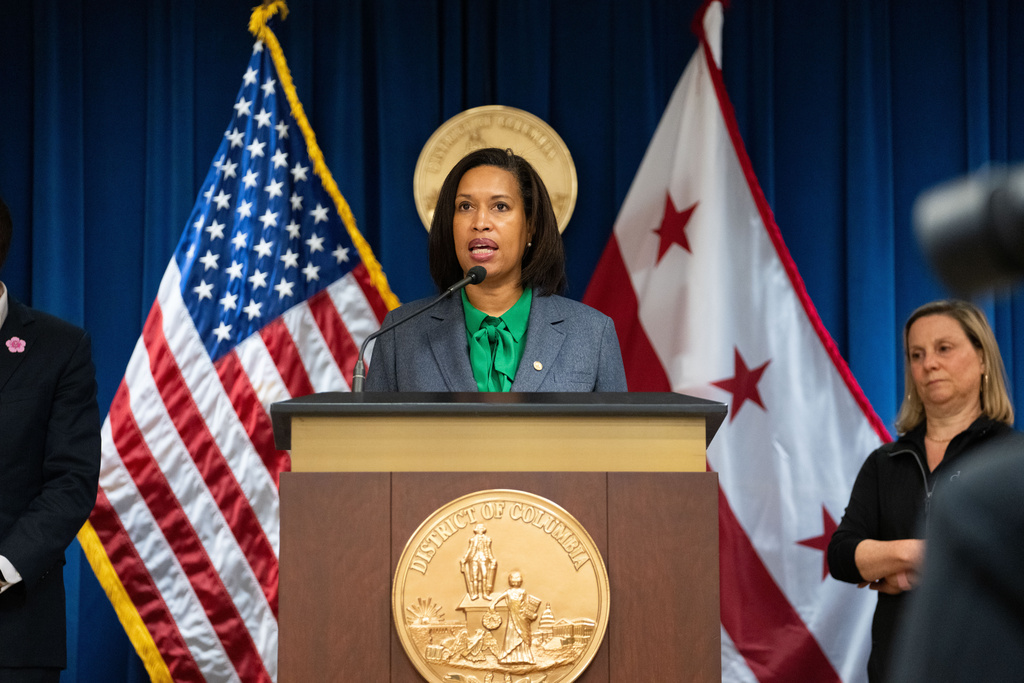 District of Columbia Mayor Muriel Bowser speaks at a news conference ahead of severe storms that are expected to impact Washington in the afternoon on Monday, March 16, 2026, in Washington. (AP Photo/Allison Robbert)