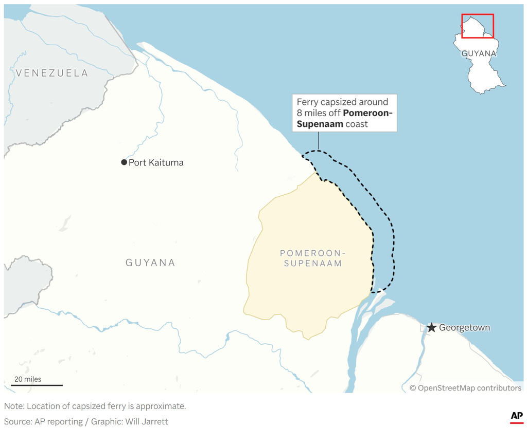 A map showing where a ferry capsized off the coast of Guyana. (AP Digital Embed)