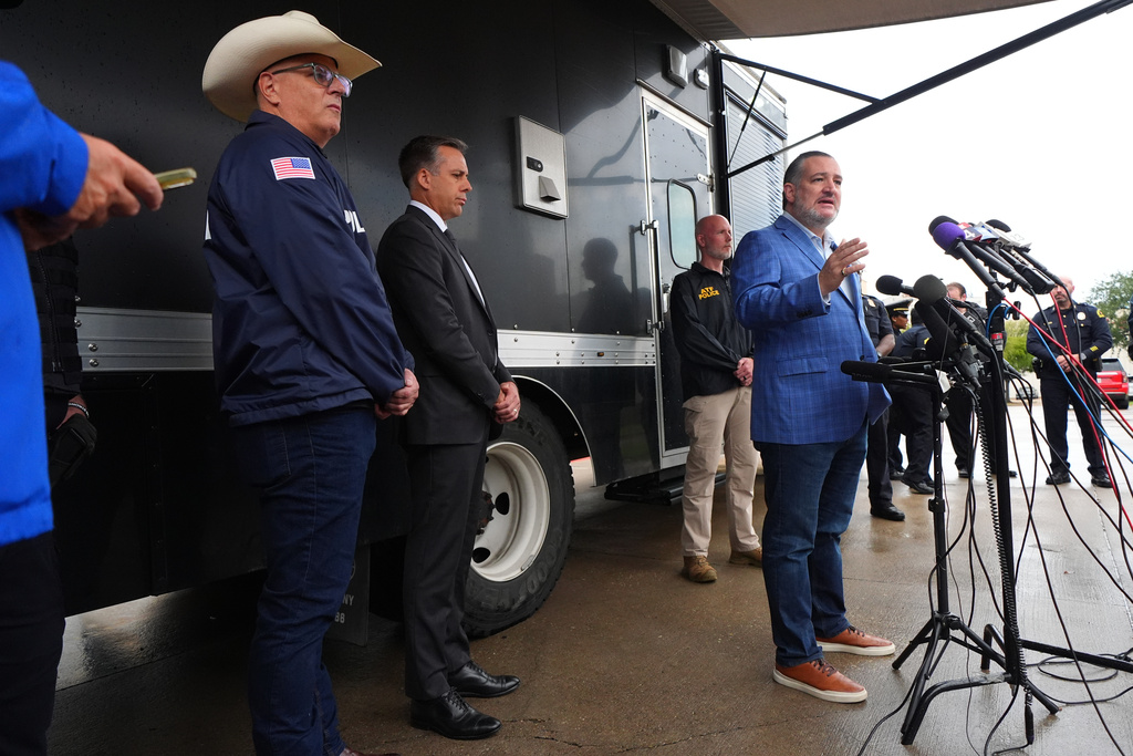 Sen. Ted Cruz, R-Texas talks about the shooting at a U.S. Immigration and Customs Enforcement facility in Dallas during a news conference on Wednesday, Sept. 24, 2025. (AP Photo/Julio Cortez)