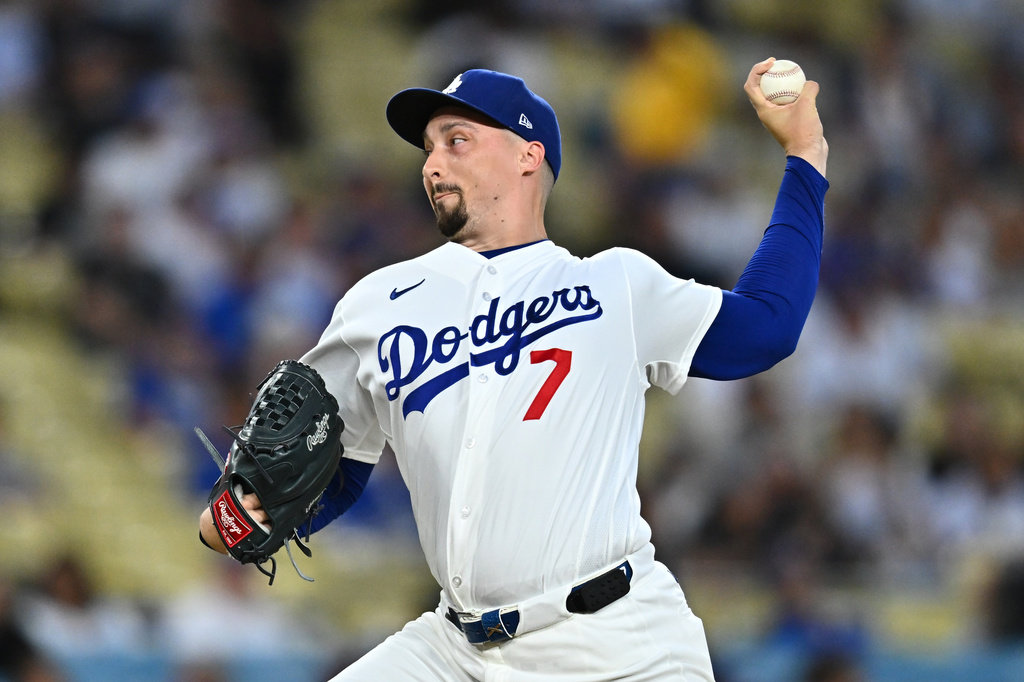 Los Angeles Dodgers pitcher Blake Snell delivers during the first inning of a baseball game against the Washington Nationals, Friday, Sept. 4, 2026, in Los Angeles. (AP Photo/William Liang)