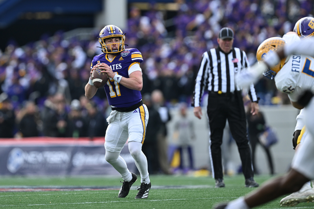 East Carolina quarterback Chaston Ditta (17) looks to pass during the first half of the Military Bowl NCAA college football game, Saturday, Dec. 27, 2025, in Annapolis, Md. (AP Photo/Gail Burton)