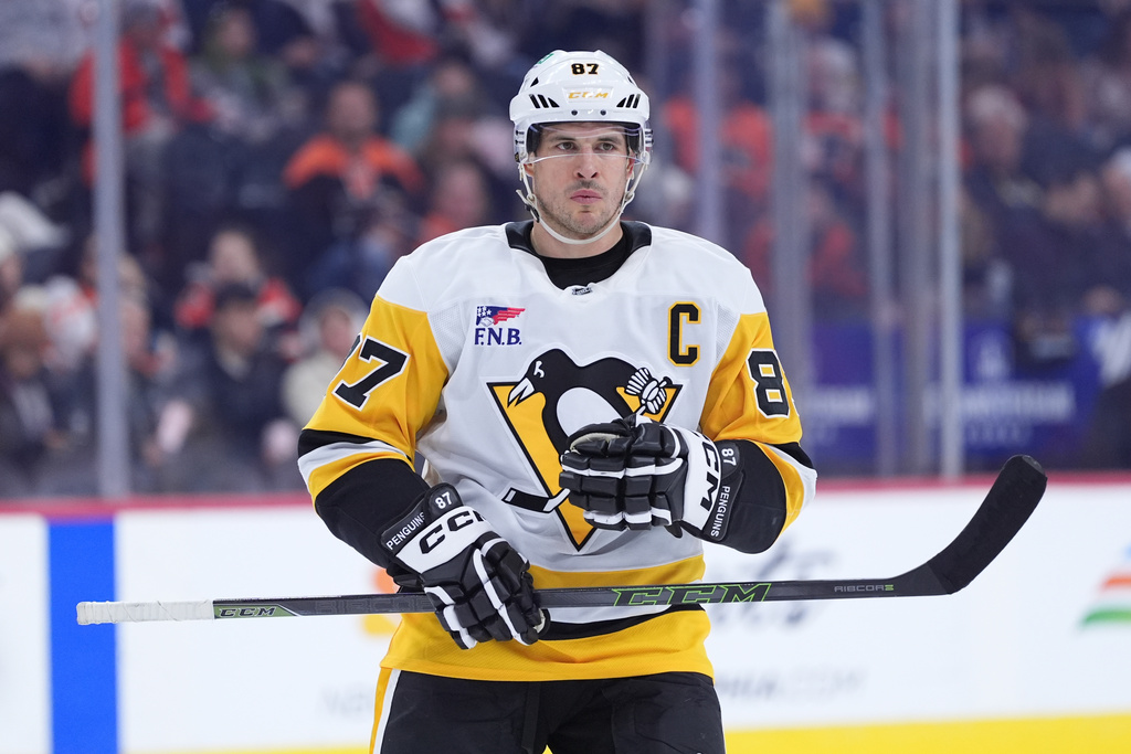 Pittsburgh Penguins' Sidney Crosby plays during an NHL hockey game Monday, Dec. 1, 2025, in Philadelphia. (AP Photo/Matt Slocum)
