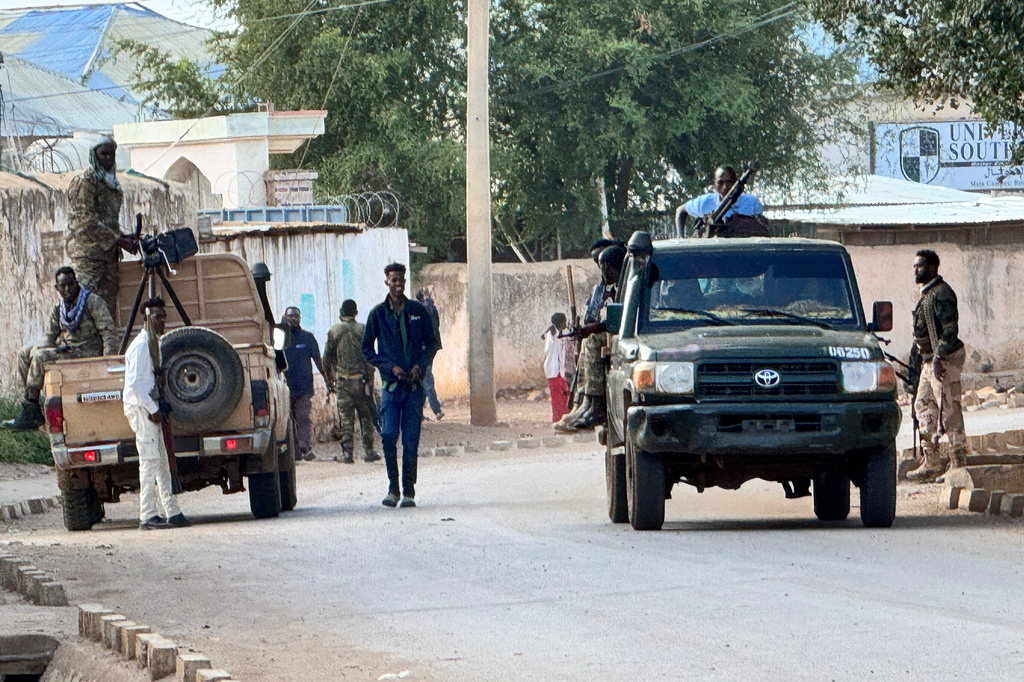In this photo taken with a smartphone, security personnel patrol a street in Baidoa, Somalia, Thursday, Sept. 3, 2026. (AP Photo/Bishar Mayow Mukhtar)