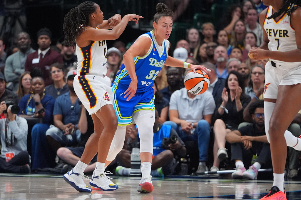 Dallas Wings forward Jessica Shepard (32) tries to dribble past Indiana Fever guard Kelsey Mitchell (0) during the first half of a WNBA basketball game in Dallas, Thursday, Aug. 20, 2026. (AP Photo/LM Otero)