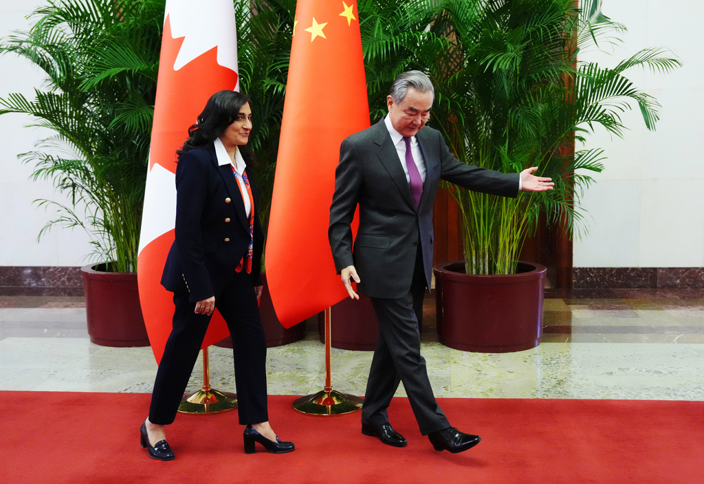 Canada's Foreign Minister Anita Anand, left, meets with Chinese Foreign Minister Wang Yi at the Great Hall of the People in Beijing, China Thursday, Jan. 15, 2026. (Sean Kilpatrick/The Canadian Press via AP)