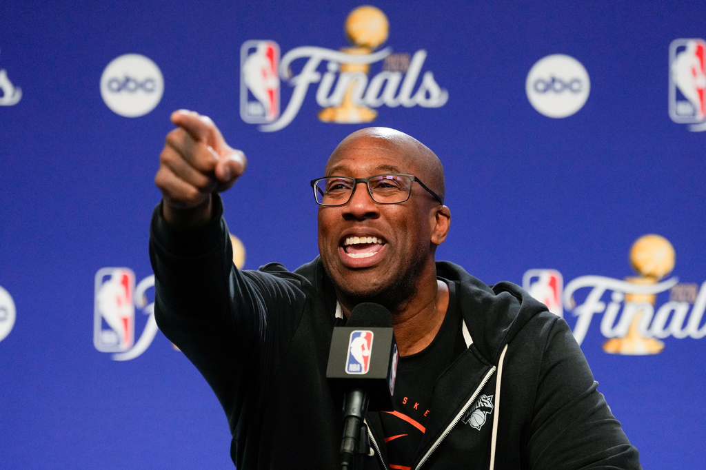 New York Knicks head coach Mike Brown speaks to the media prior to Game 3 of the NBA Finals basketball series against the San Antonio Spurs, Sunday, June 7, 2026, in New York. (AP Photo/Ross D. Franklin)