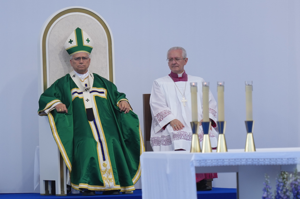 Pope Leo XIV celebrates Mass at the Sanctuary of Our Lady of Lourdes, France, Sunday, Sept. 27, 2026. (AP Photo/Thibault Camus)