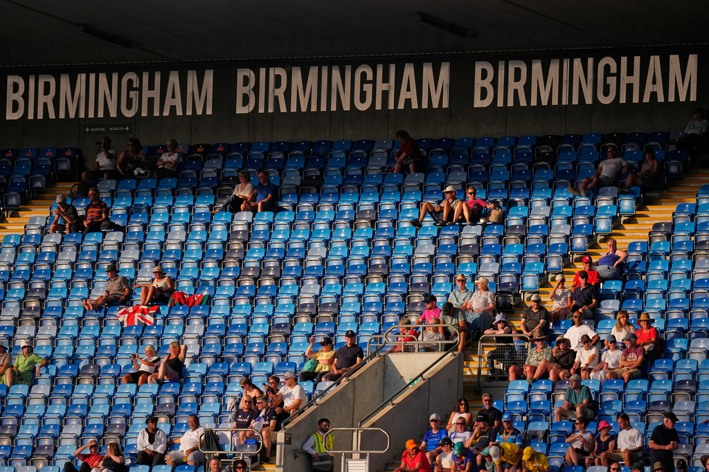 Some empty seats in the stands just ahead of the evening session on day two at the European Athletics Championships in Birmingham, England, Tuesday, Aug. 11, 2026. (AP Photo/Petr David Josek)