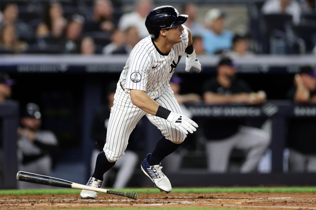 New York Yankees' Anthony Volpe hits a run scoring single during the second inning of a baseball game against the Colorado Rockies, Thursday, Sept. 10, 2026, in New York. (AP Photo/Adam Hunger)