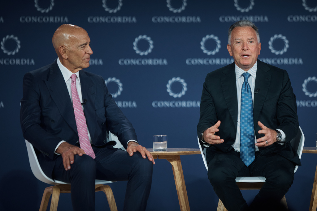 Tom Barrack, United States Ambassador to Turkey, left, listens as United States Special Envoy to the Middle East, Steve Witkoff, right, speaks during the Concordia Annual Summit in New York, Wednesday, Sept. 24, 2025. (AP Photo/Andres Kudacki)