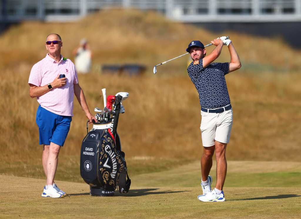 Ireland's David Howard attends a practice round at the British Open Golf Championship at Royal Birkdale, Southport, England, Monday, July 13, 2026. (AP Photo/Peter Morrison)