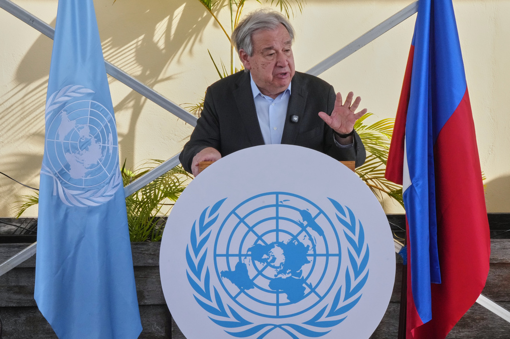 UN Secretary-General Antonio Guterres speaks during a press conference at the United Nations Integrated Office in Haiti (BINUH) in Port-au-Prince, Tuesday, June 16, 2026. (AP Photo/Odelyn Joseph)