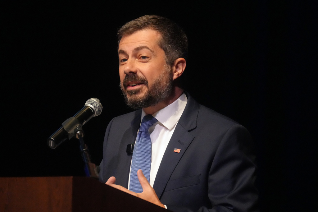 Former Transportation Secretary Pete Buttigieg speaks to attendees at the South Carolina Democratic Party's Spratt Issues Conference on Saturday, Aug. 22, 2026, in Florence, S.C. (AP Photo/Meg Kinnard)