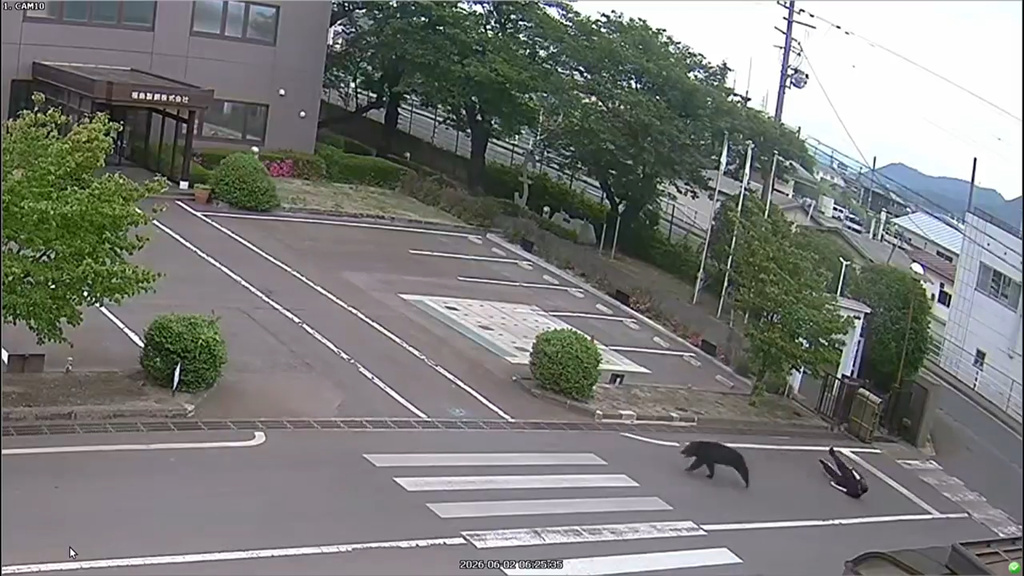 This image made from the security camera footage provided by the Fukushima Steel Works, shows a bear, center, running after attacking a person, right, on its premises in Fukushima, Japan, Tuesday, June 2, 2026. (FUKUSHIMA STEEL WORKS via AP)