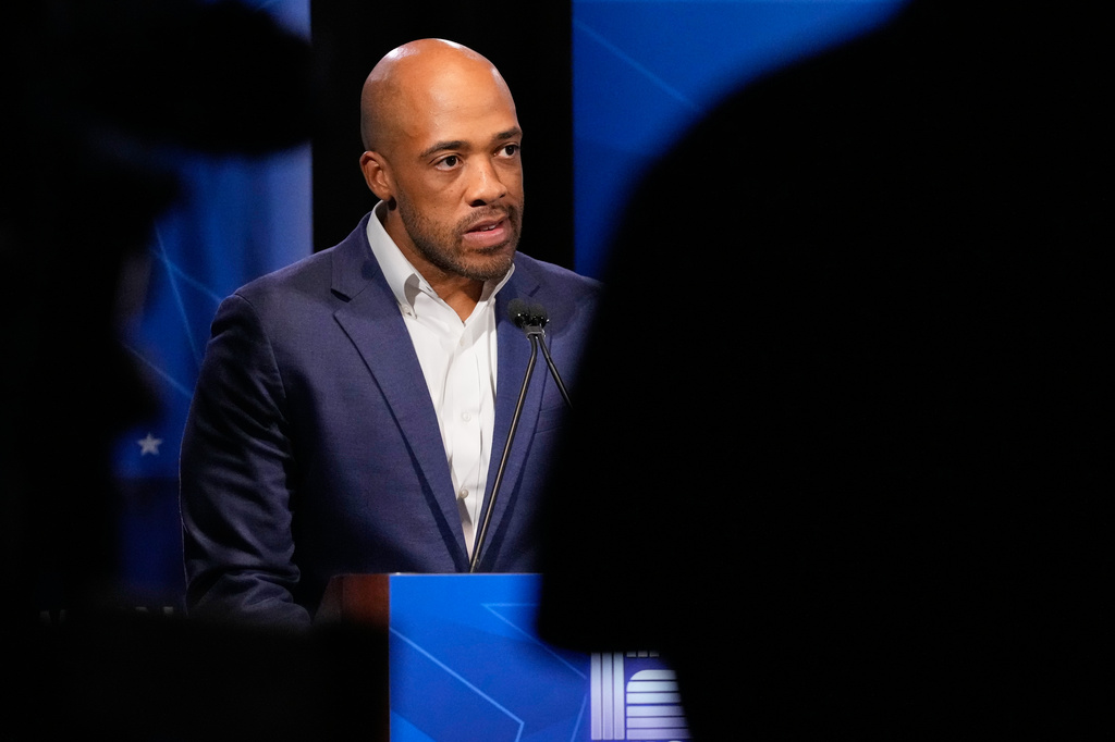 Democratic gubernatorial candidate Mandela Barnes talks during a primary debate in Milwaukee, Tuesday, July 28, 2026. (AP Photo/Nam Y. Huh)