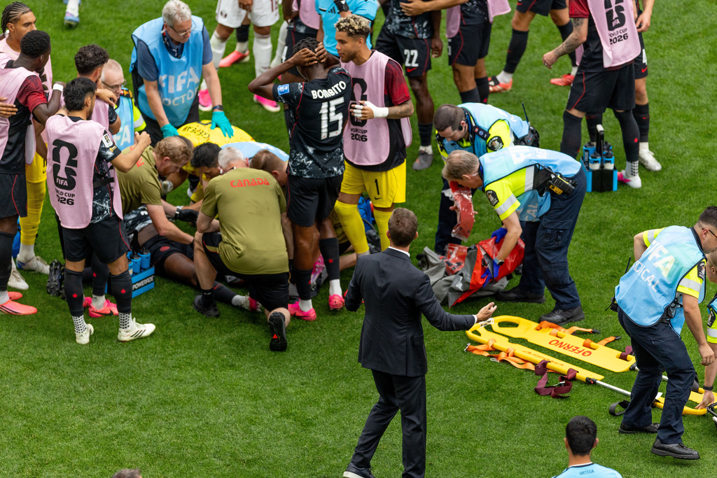 Canada's manager Jesse Marsch reacts to an injury of Ismaeil Kone during the World Cup Group B soccer match between Canada and Qatar in Vancouver, British Columbia, Thursday, June 18, 2026. (Timothy Matwey/The Canadian Press via AP)
