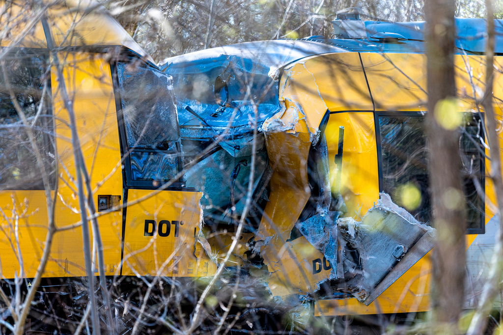 Two trains have collided between Hilleroed and Kagerup, north of Copenhagen, Thursday, April 23, 2026. (Steven Knap/Ritzau Scanpix via AP)