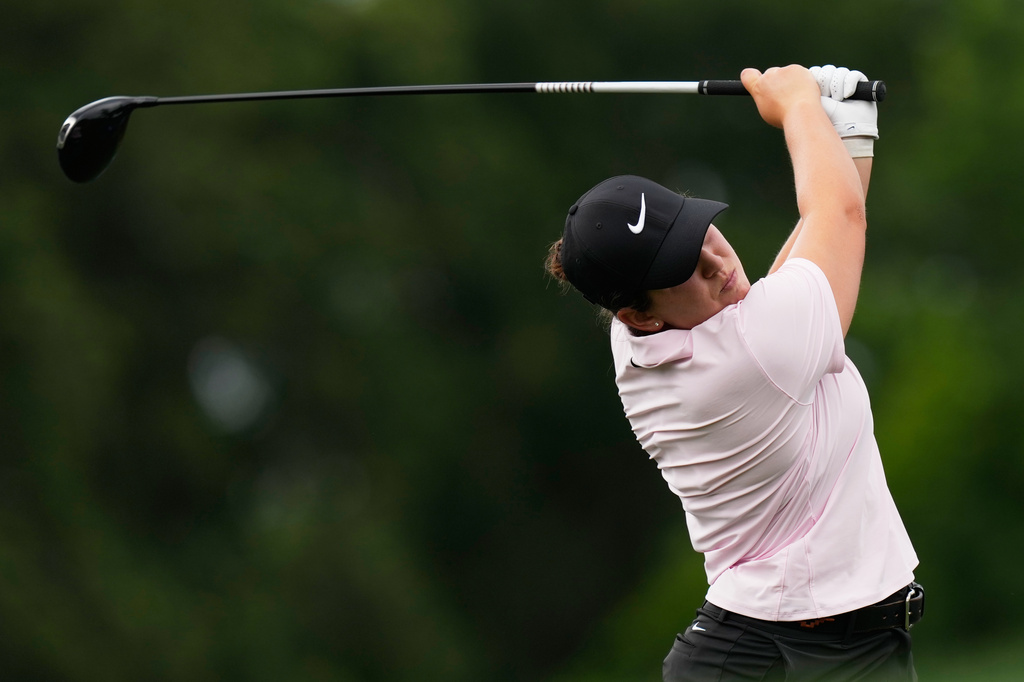 Farah O'Keefe watches her tee shot on the fifth hole during the second round of the Chevron Championship LPGA golf tournament Friday, April 24, 2026, in Houston. (AP Photo/David J. Phillip)