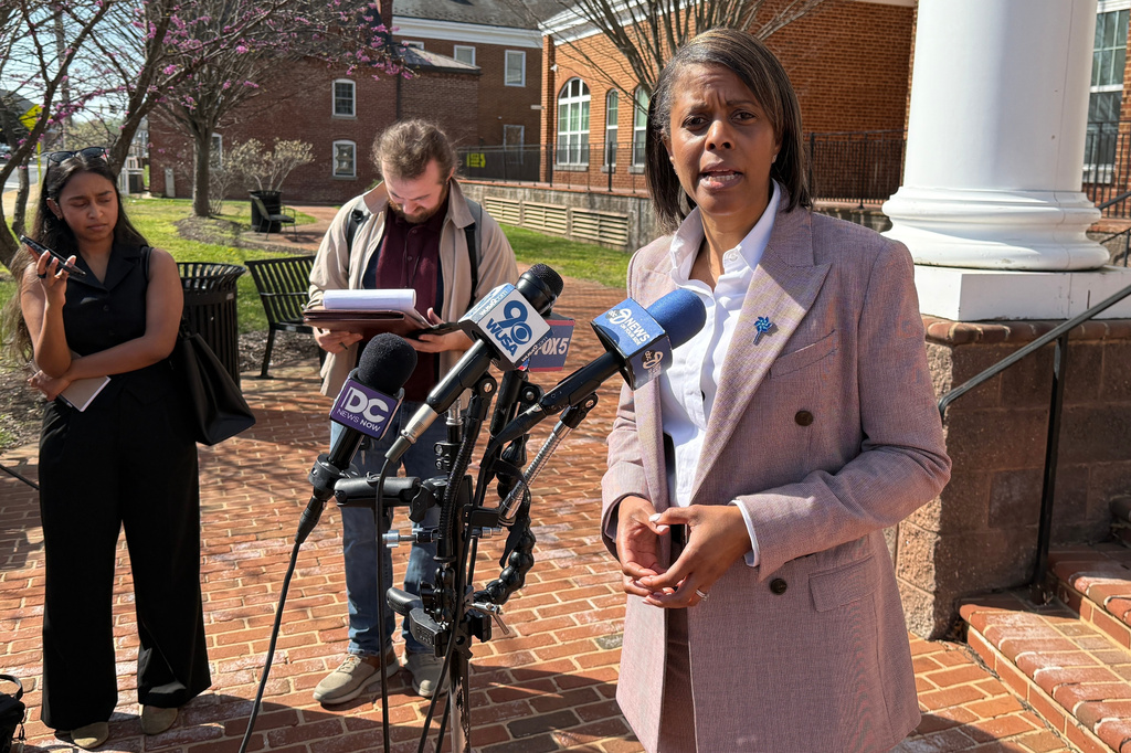 Karen Piper Mitchell, deputy state's attorney in Charles County, talks to reporters after a bail hearing for Dayton James Webber in La Plata, Md., on Wednesday, April 1, 2026. (AP Photo/Brian Witte)
