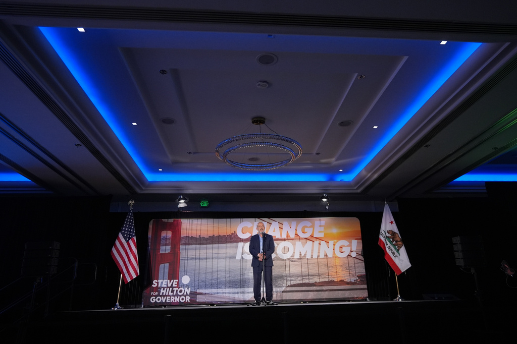 California gubernatorial candidate Steve Hilton speaks during an election night event Tuesday, June 2, 2026, in Huntington Beach, Calif. (AP Photo/Gregory Bull)