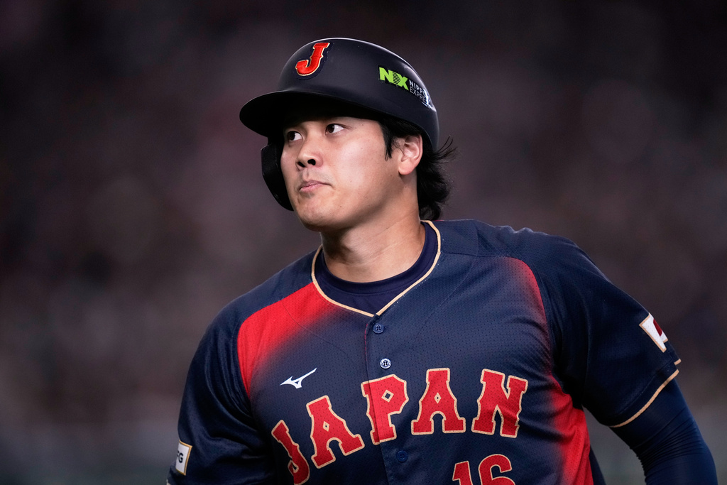 Japan's Shohei Ohtani reacts during the fourth inning of a World Baseball Classic Pool C game between Japan and Taiwan Friday, March 6, 2026 in Tokyo. (AP Photo/Louise Delmotte)