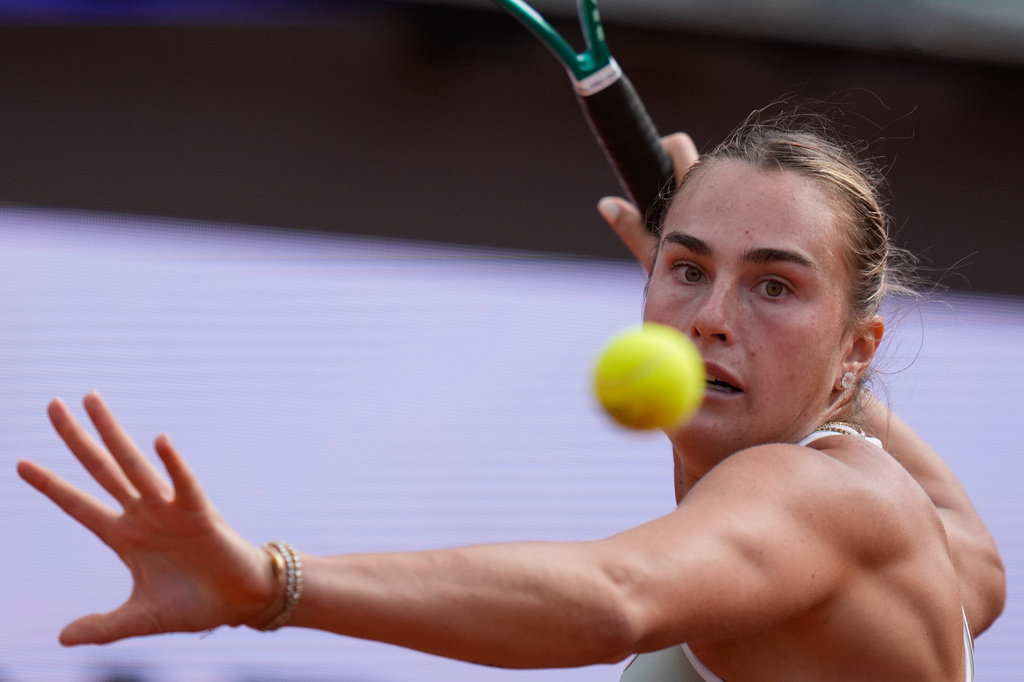 Belarus' Aryna Sabalenka returns the ball to Romania's Sorana Cirstea during their match at the Italian Open tennis tournament in Rome, Saturday, May 9, 2026. (AP Photo/Alessandra Tarantino)