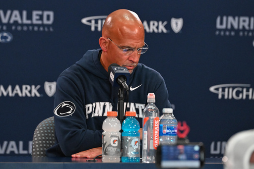 Penn State head coach James Franklin reacts during a press conference following an NCAA college football game against Northwestern, Saturday, Oct. 11, 2025, in State College, Pa. (AP Photo/Barry Reeger) Penn State head coach James Franklin reacts during a press conference following an NCAA college football game against Northwestern, Saturday, Oct. 11, 2025, in State College, Pa. (AP Photo/Barry Reeger)
