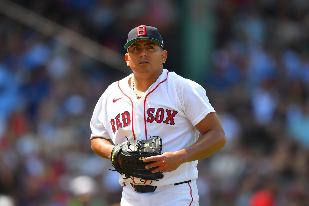 Boston Red Sox's Ranger Suarez steps off the mound after pitching in the fourth inning of a baseball game against the Toronto Blue Jays, Sunday, July 26, 2026, in Boston. (AP Photo/Steven Senne)