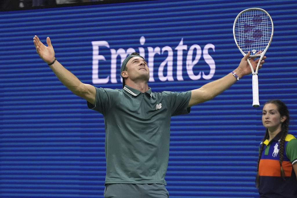 Tommy Paul, of the United States, reacts after defeating defeating Nuno Borges, of Portugal, during the second round of the U.S. Open tennis championships, Thursday, Aug. 28, 2025, in New York. (AP Photo/Frank Franklin II)