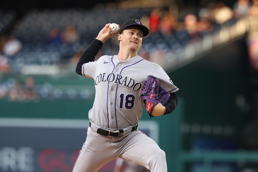Colorado Rockies pitcher Ryan Feltner throws during the first inning of a baseball game against the Washington Nationals in Washington, Monday, Aug. 24, 2026. (AP Photo/Terrance Williams)