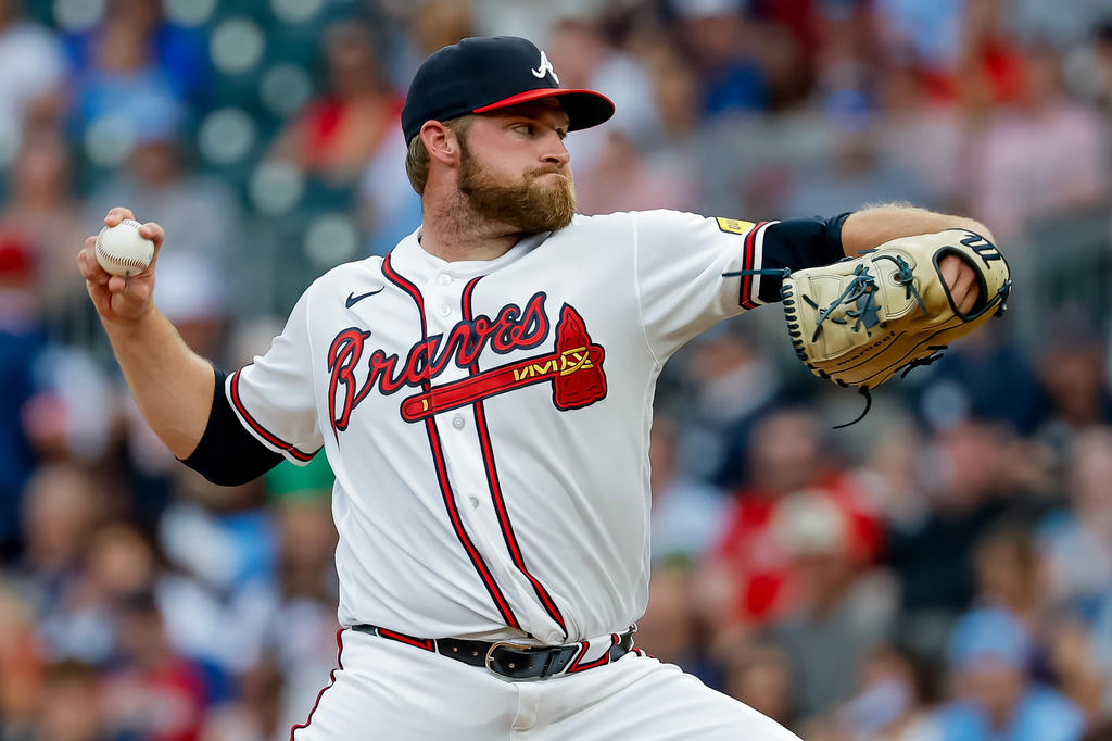 Atlanta Braves pitcher Bryce Elder delivers to a San Diego Padres batter during the first inning of a baseball game, Monday, July 20, 2026, in Atlanta. (AP Photo/Erik S. Lesser)