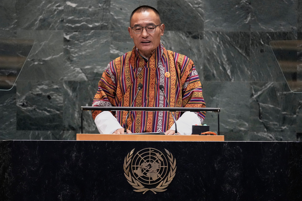 Bhutan Prime Minister Tshering Tobgay addresses the 80th session of the United Nations General Assembly, Friday, Sept. 26, 2025. (AP Photo/Richard Drew)