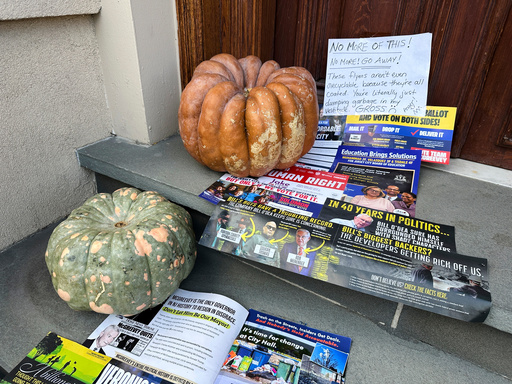 A Halloween display of unwanted campaign fliers sits in front of a private home in The Heights neighborhood of Jersey City, N.J, Thursday, Oct. 23, 2025. (AP Photo/Robert Yoon) A Halloween display of unwanted campaign fliers sits in front of a private home in The Heights neighborhood of Jersey City, N.J, Thursday, Oct. 23, 2025. (AP Photo/Robert Yoon)